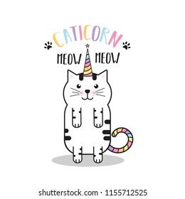 Cute vector cartoon flat cat. Caticorn. Cat like unicorn. Print for t-shirt