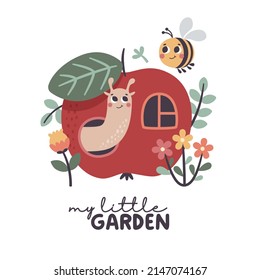 Cute vector cartoon flat insects worm and bee on apple with windows, leaves, tulips, flowers in the garden