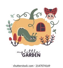 Cute Vektorcartoon flache Insekten Wurm und Kürbis auf Kürbis mit Fenstern, Blättern, Pilzen, Beeren im Garten