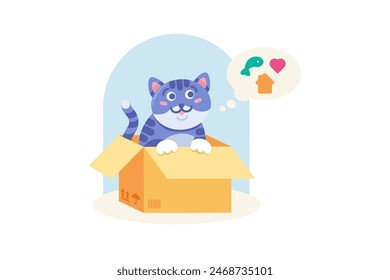 Cute Vector Cartoon Flat Outline Adopt Pet Cat Concept Illustration is a vector illustration about happy funny domestic kitten animal in box dreaming about love, care and tasty food