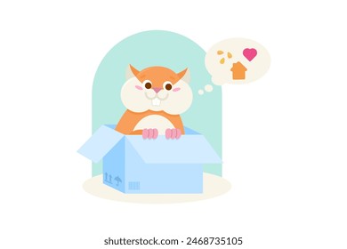 Cute Vector Cartoon Flat Outline Adopt Pet Hamster Concept Illustration is a vector illustration about happy funny domestic mouse animal in box dreaming about love, care and tasty food