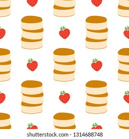 Cute vector cartoon fluffy japanese pancakes and strawberries seamless pattern background.
