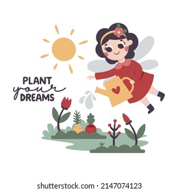 Cute vector cartoon garden fairy with water can, leaves, flowers, berries, branches, tulips, carrots, beets, beds in the garden