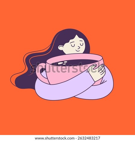 Cute vector cartoon of girl hugging oversized coffee cup. Funny hand drawn concept illustration for logo, posters, prints, cafe menu and other coffee themed humorous designs 