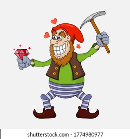 Cute Vector Cartoon Gnome Or Dwarf With A Pickaxe Got A Ruby. Fairytale Character. Funny Prospector. Design For Print, Emblem, T-shirt, Party Decoration, Sticker, Etc.