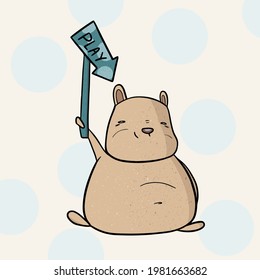 cute vector cartoon hamster with plate in beige background with blue bubbles