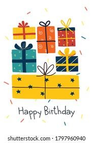 Cute vector cartoon dibujado a mano feliz tarjeta de felicitación de cumpleaños.  Ilustración de regalo