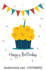 Cute vector cartoon hand drawn happy birthday greeting card. animal characters, cakes and gift illustrations 