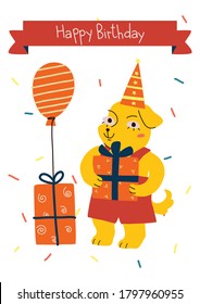 Cute vector cartoon mano dibujado feliz tarjeta de felicitación de cumpleaños con adorable cachorro. carácter animal e ilustración de regalo