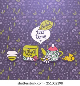 Cute vector cartoon hand drawn Herbal Tea objects on floral seamless background: pot, mug, cup, box, ginger, chamomile flower, speech bubble.Violet background.
