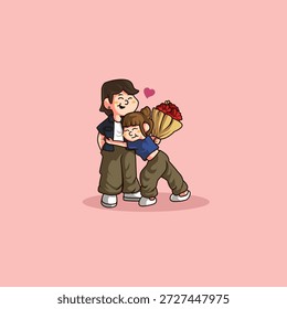  Caricatura linda del Vector de una pareja feliz de amantes Un hombre que da flores, siendo abrazado por la mujer