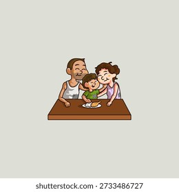 Dibujo animado de Vector lindo de una familia pobre feliz que puede comer pollo frito como regalo para su hijo en el Día de San Valentín