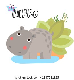 Cute vector cartoon Hippo. Illustrations for children. Baby Shower card with baby hippopotamus and safari elements