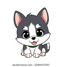 A cute vector cartoon Husky puppy with big sparkling eyes, a happy smile, and a fluffy body. It has gray and white fur, pink ears, and a green collar, sitting adorably in a friendly pose.