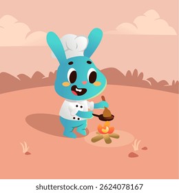 cute vector cartoon illustration of a blue rabbit chef cooking over a campfire