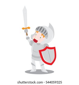 Cute vector cartoon illustration of a boy wearing knight armor rising his sword in isolated white background