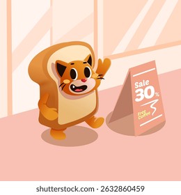 cute vector cartoon illustration of a cat selling using a bread costume in front of a shop
