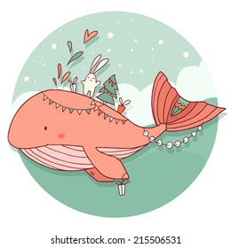 Cute vector cartoon illustration with christmas whale, rabbit and gifts