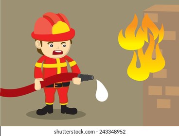 Cute vector cartoon illustration of a distressed firefighter in red uniform holding a dripping water hose in front of a brick house on fire.