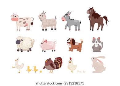 Cute vector cartoon illustration of farm animals on white background.