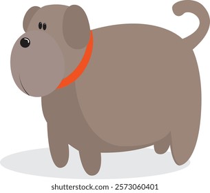 Cute vector cartoon illustration of a cute, fat, brown dog with an orange collar.