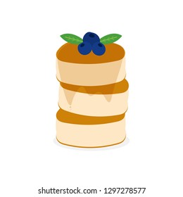 Cute vector cartoon illustration of fluffy japanese pancakes with syrup or honey and fresh blueberry.