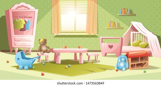 Cute vector cartoon illustration of girl bedroom with furniture and toys for little princess with wooden doll house and stroller,teddy bear and plush rabbit, bed with canopy and wardrobe with dresses.