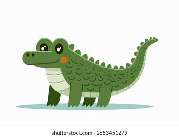 Ilustração de desenho animado de vetor bonito de crocodilo verde feliz e bem alimentado isolado no fundo claro. Vetor plano ilustração jacaré em estilo infantil simples Imagem ícone, logotipo, distintivo, rótulo, adesivo
