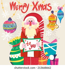 Cute vector cartoon illustration of lovely Santa, gifts and hand-drawn letters "Merry Christmas".