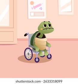 cute vector cartoon illustration of an old turtle sitting on a wheelchair just daydreaming in a nursing home