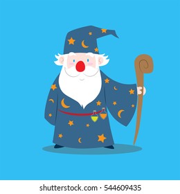 A cute vector cartoon illustration of an old wizard holding magic staff
