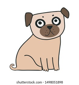 Cute vector cartoon illustration of the pug dog or puppy. Brown color.
