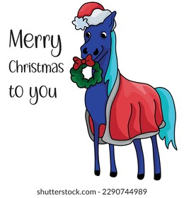 Ilustración de dibujos animados de vector circular lista para imprimir: Feliz Navidad feliz caballo de Santa Claus personaje 
