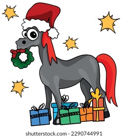 Cute vector cartoon illustration ready to print: Merry Christmas happy horse Santa Claus character 
