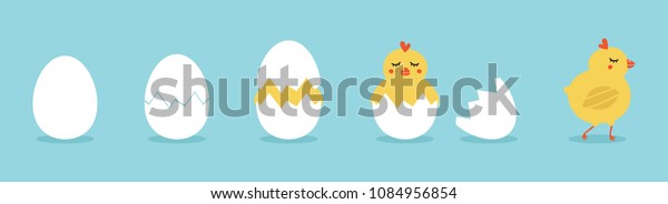 Cute vector cartoon illustration of step-by-step\
process baby chicken hatching from the egg. Funny and educational\
illustration for kids.