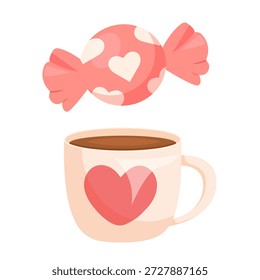 Uma imagem de vetor de desenho animado bonito de uma caneca e um doce com um coração em homenagem ao Dia dos Namorados, 14 de fevereiro. Conceito de amor, romance e namoro. Elemento para seu design.