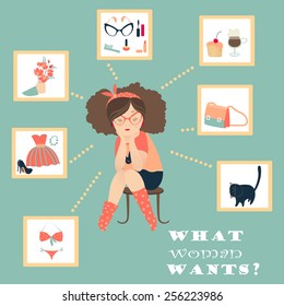 Cute vector cartoon infographics showing what things women actually thinking about