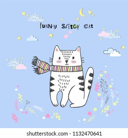 Cute vector cartoon kawaii cat with clouds, stars, heart, hand drawn imitation, drawn with a tablet, fairytale, isolated