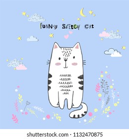 Cute vector cartoon kawaii cat with clouds, stars, heart, hand drawn imitation, drawn with a tablet, fairytale, isolated