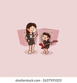cute vector cartoon of a long-haired father teaching his son to play guitar playing rock songs