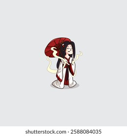 cute vector cartoon mascot of japanese shinto religion goddess of creation and death izanami with umbrella Wagasa