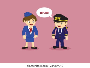 Cute vector cartoon mascots of a pilot saying Let's Fly to air stewardess in blue uniform isolated on pink background