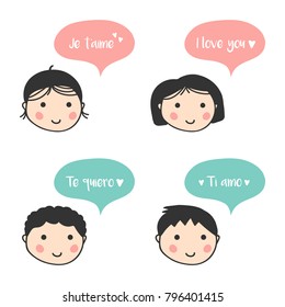 Cute vector cartoon men and women express their love in different languages.