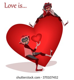 Cute vector cartoon monkeys with a heart. The symbol of the new year. Wishing all love Valentines Day. Isolated on white background. EPS 10.
