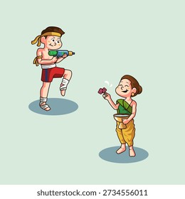Cute vector cartoon of muay thai athlete playing water gun on songkran festival day

