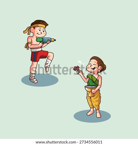 Cute vector cartoon of muay thai athlete playing water gun on songkran festival day
