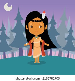 Cute Vector Cartoon Native American Princess In Traditional Outfit Isolated On Background Of Pine Trees Forest At Night Under Moon