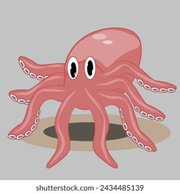 Cute vector cartoon octopus illustration on blue background