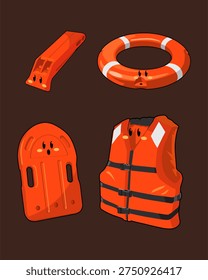 Cute vector cartoon of orange lifesaving equipment, whistle, life jacket, and Swimming Boards