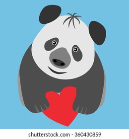 Cute vector cartoon panda in flat design with red heart in paws. Happy St. Valentine's Day!